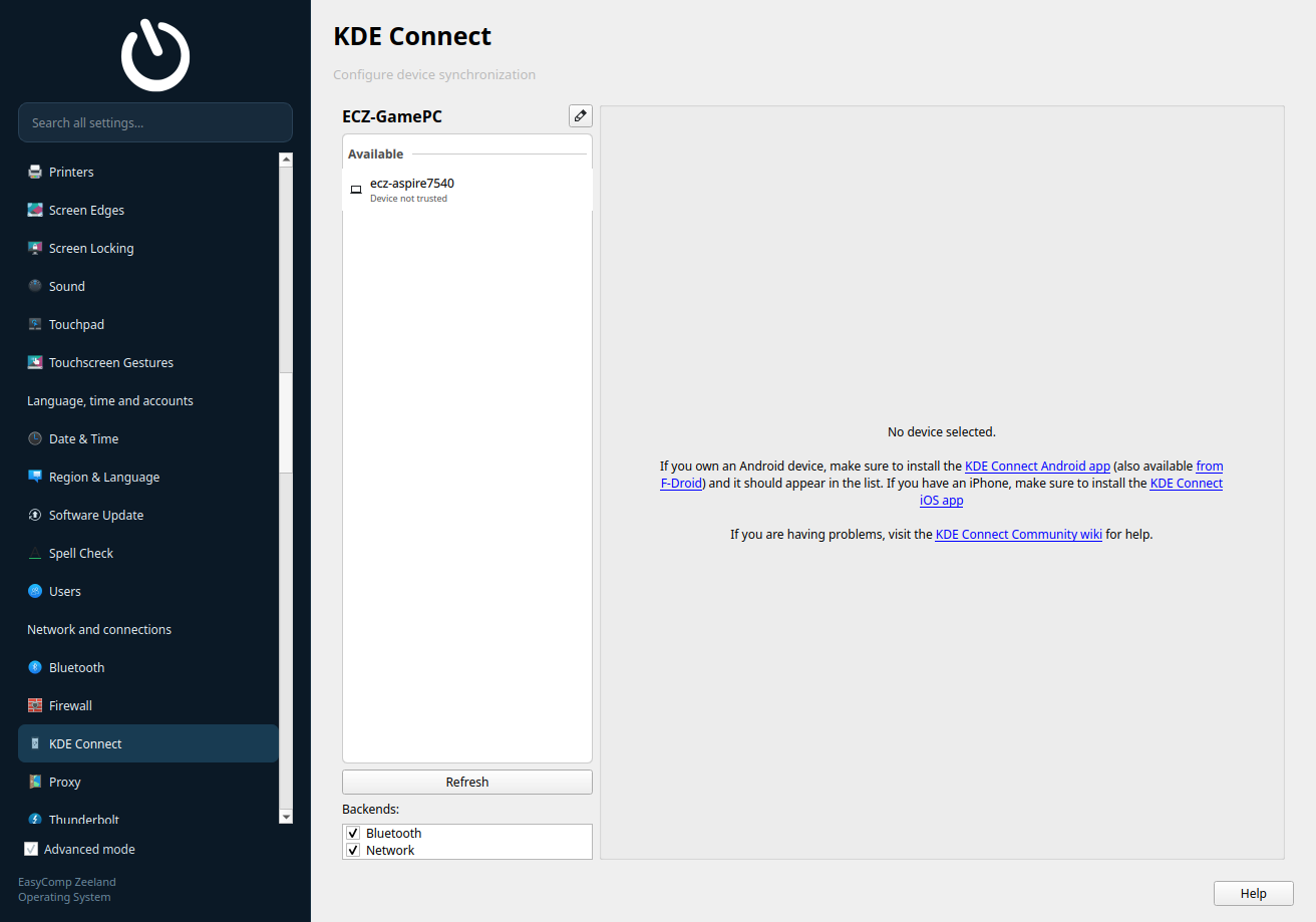 KDE Connect ziet een andere ECZOS-computer