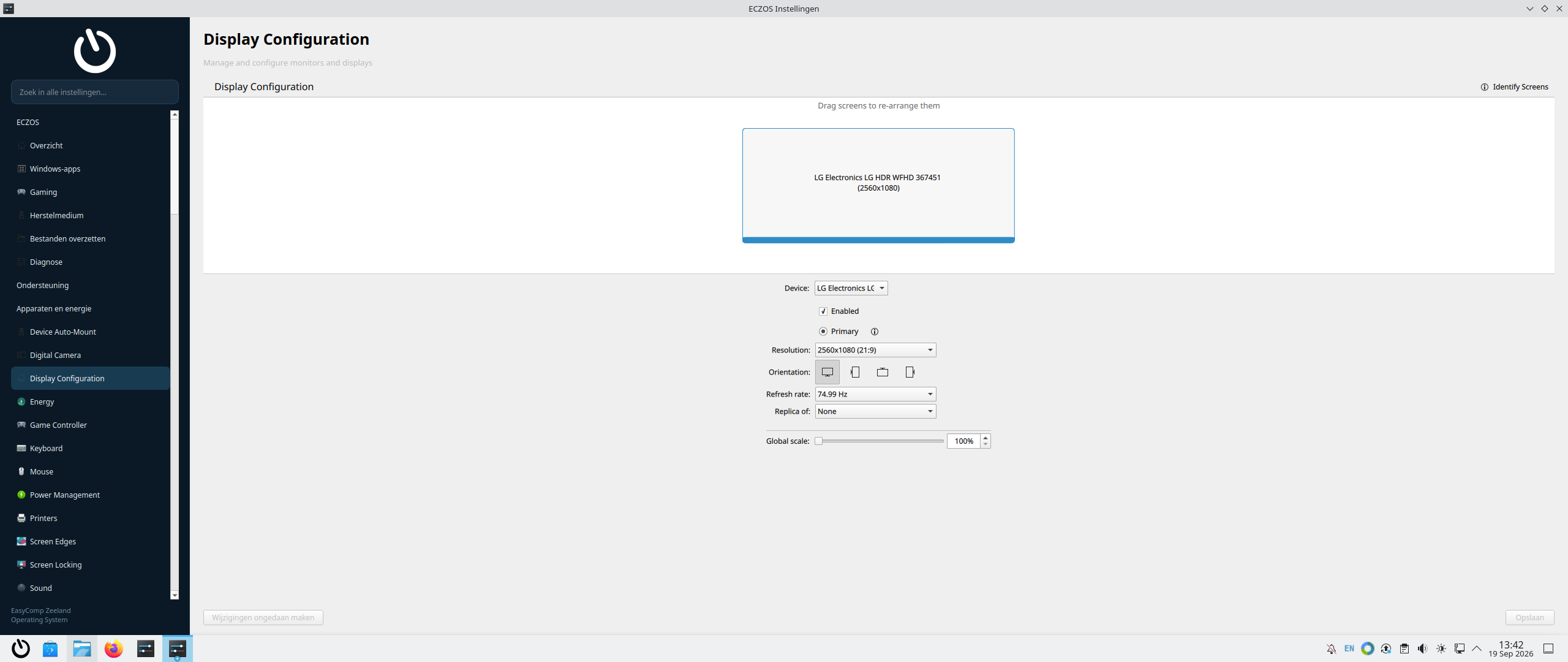 Beeldscherminstellingen in ECZOS Settings